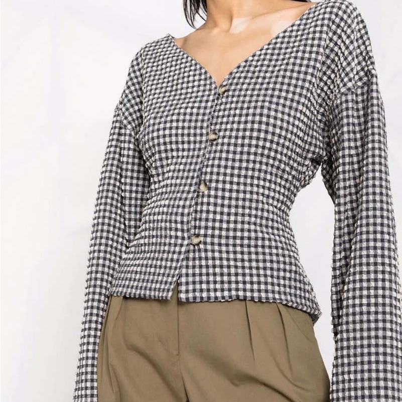 Nanushka Wide Sleeve Gingham Button Front Top